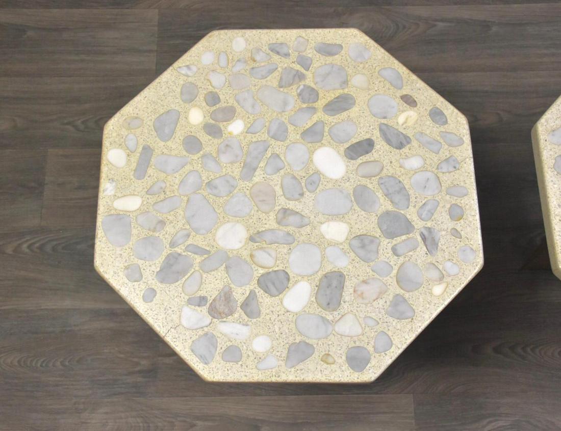Harvey Probber Terrazzo Walnut End Tables- a Pair: A pair of mid century modern octagonal polished stone terrazzo top end tables by Harvey Probber with walnut and black bases. 23.75 wide. 24.5 deep. 20.5 tall. Dimensions: 23.75W x 24.5D x 20.5H Styles