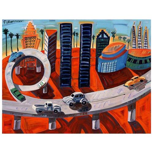 Frank Romero "Cheech's Downtown" Giclee Print Limited: Limited Giclee print by L. A. Chicano Artist Frank Romero.The print is numbered and signed by artist from a limited edition 30 of 190.Size: 26.25 x 21.This cityscape entitled Cheech's Downtown depicts