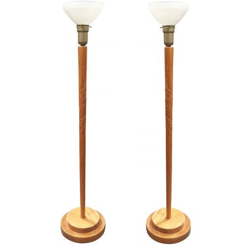 Russel Wright Style Hand-Carved Torchiere Floor Lamp: Russel Wright style Mid-Century hand-carved wood torchiere floor lamp pair with milk glass shades. The BIDHAUS Guarantee: Photos descriptions and estimates were prepared with the utmost care by our te