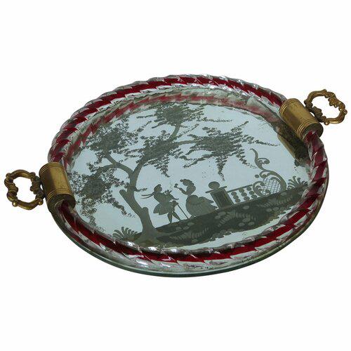 Etched Murano Glass Mirrored Tray by Ercole Barovier: Created by Ercole Barovier this piece is a beautiful Italian serving or vanity table tray edged in Murano glass rope that is embedded with red. Done in the style of Luigi Brusotti and Gio Ponti the mi