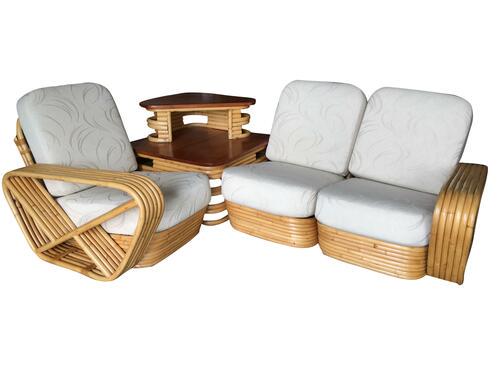 Restored 6 Six-Strand Square Pretzel 3 Seat Sectional: Rare Square Pretzel rattan 3 seater sectional sofa with Paul Frankl inspired design featuring 6 strand rattan arms and Stacked pole base. Comes with two tier rattan side table with can be configured i