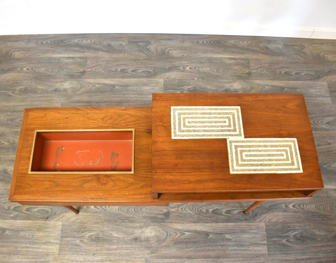 Walnut & Tile Planter Sofa Table: A mid century modern walnut and tile two tier planter sofa or entryway table. Lower tier is 22 tall. 52 wide. 18 deep. 27 tall. Dimensions: 52W x 18D x 27H Styles: Mid-Century Modern Table Shape: Rect