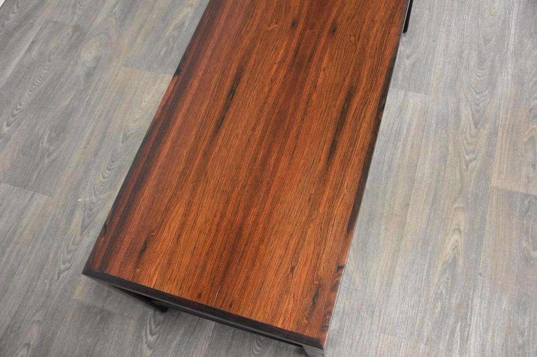 Harvey Probber Rosewood Long Coffee Table Bench: A rare mid century modern long rosewood coffee table or entryway bench with an ebonized base and single drawer with brass accents by Harvey Probber. Top has been professionally refinished. The base ha