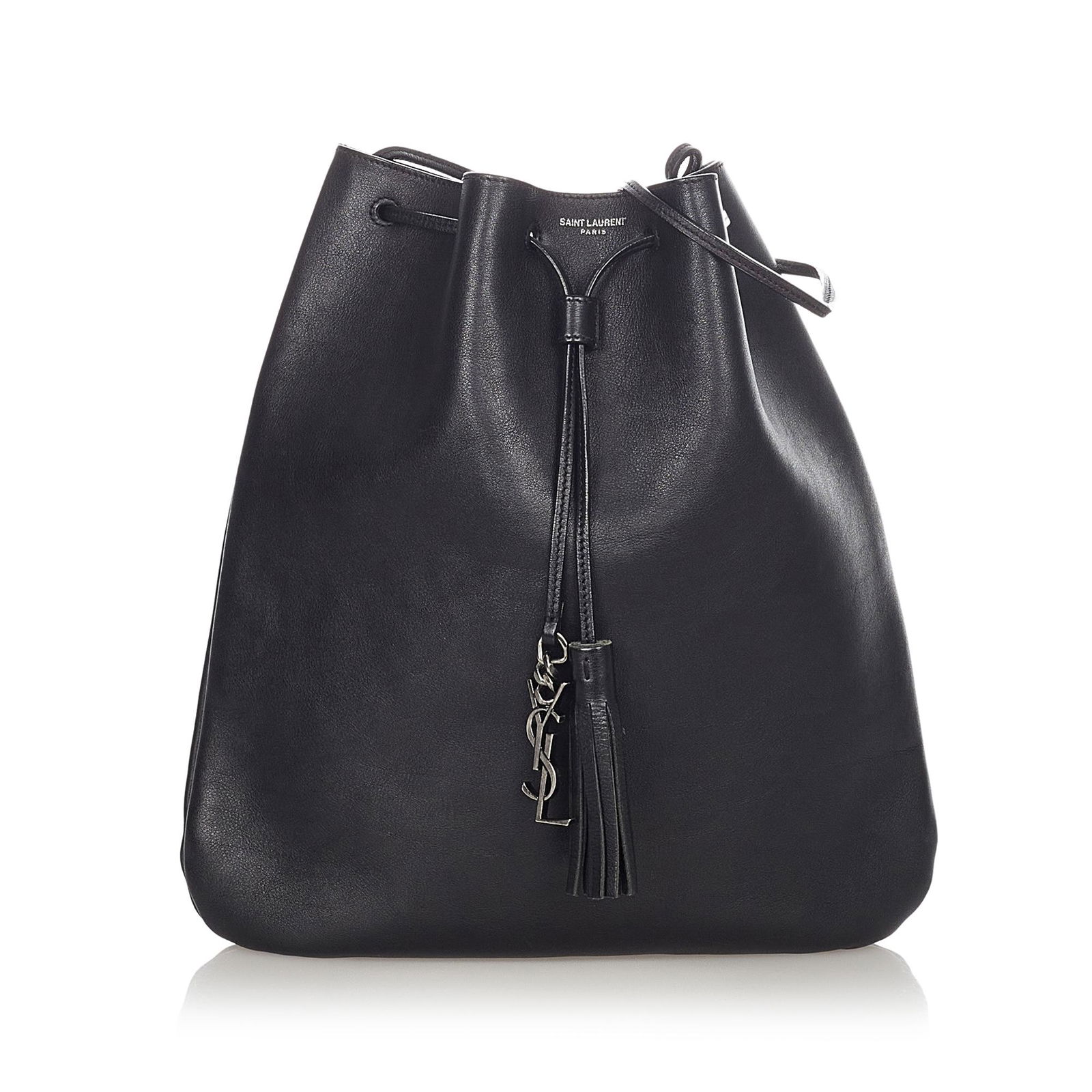 Authentic YSL Leather Drawstring Crossbody Bag: This item qualifies for FREE DOMESTIC SHIPPING to customers in the USA This crossbody bag features a leather body an adjustable flat leather strap an open top with a drawstring closure and an interior