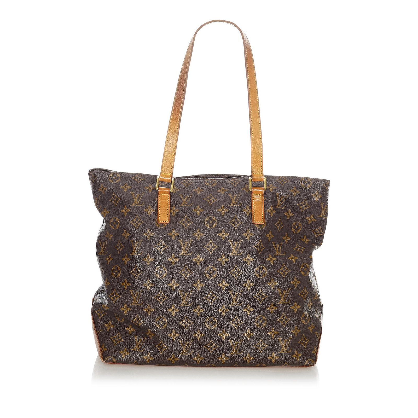 Authentic Louis Vuitton Monogram Cabas Mezzo: This item qualifies for FREE DOMESTIC SHIPPING to customers in the USA The Cabas Mezzo features a monogram canvas body flat leather straps a top zip closure and interior zip and slip pockets. Brand: L
