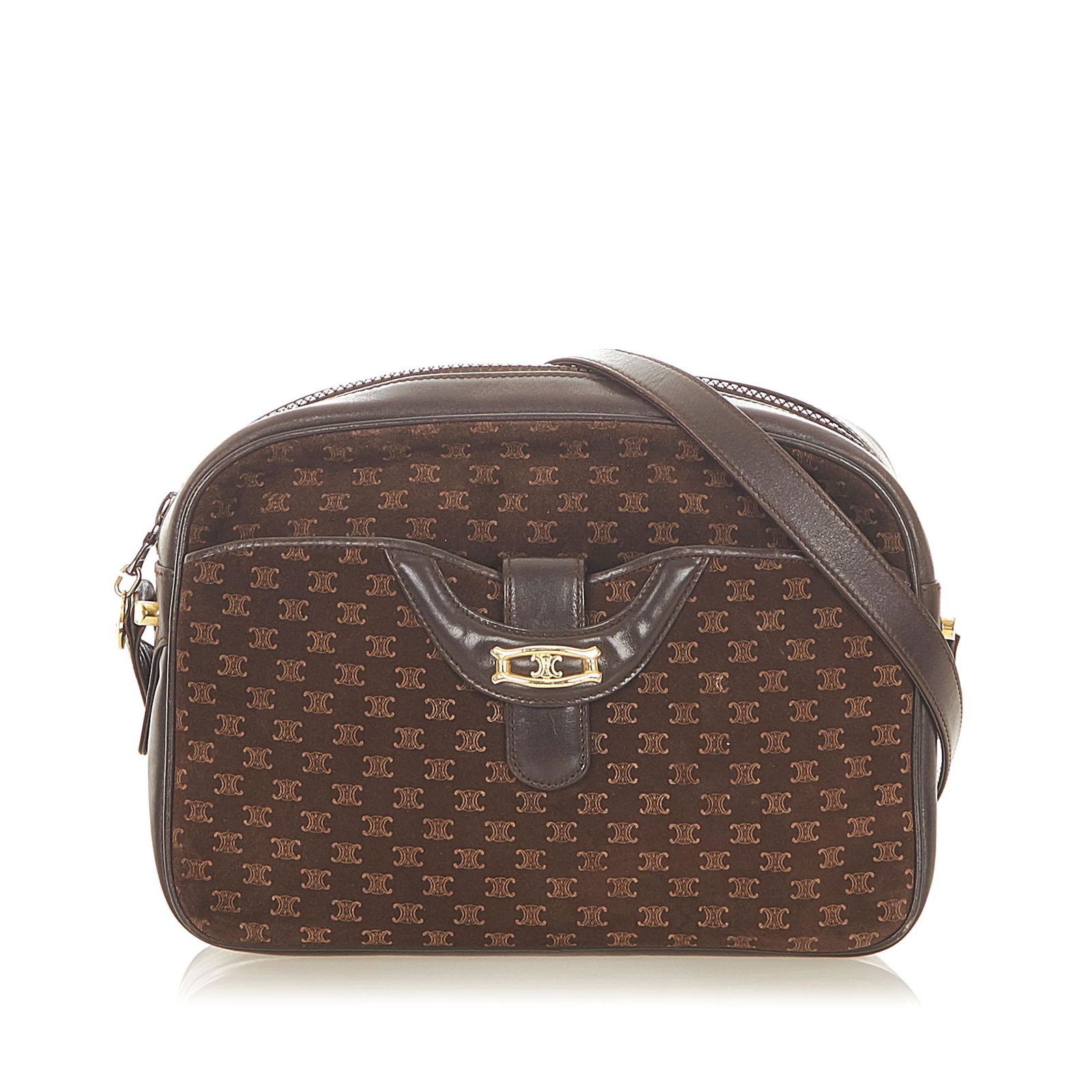 Authentic Celine Macadam Crossbody Bag: This item qualifies for FREE DOMESTIC SHIPPING to customers in the USA This crossbody bag features a PVC body with leather trim an exterior slip pocket an adjustable flat leather strap a top zip closu