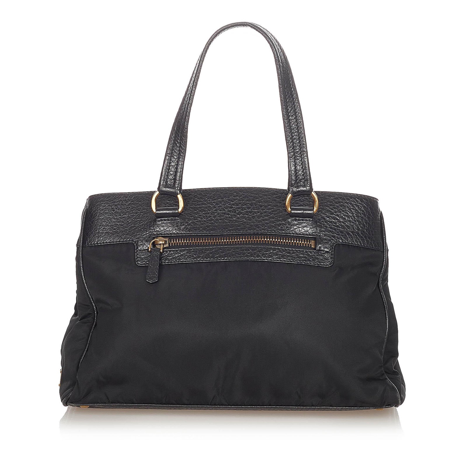 Authentic Prada Tessuto Tote Bag: This item qualifies for FREE DOMESTIC SHIPPING to customers in the USA This tote bag features a nylon body with an embossed leather trim flat leather straps an open top with a magnetic snap button clo