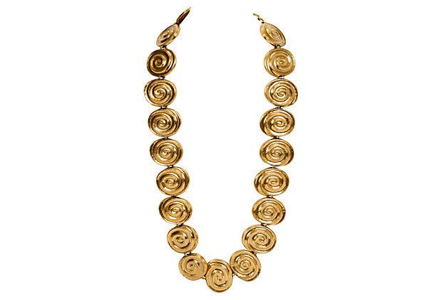 Authentic YSL Oversize Gold Necklace & Belt: This item qualifies for FREE DOMESTIC SHIPPING to customers in the USA Condition: Very Good; minor tarnish and wear Era: Vintage Dimensions: 33" L x 1.75" W Materials: rhodium Color: gold YSL oversize