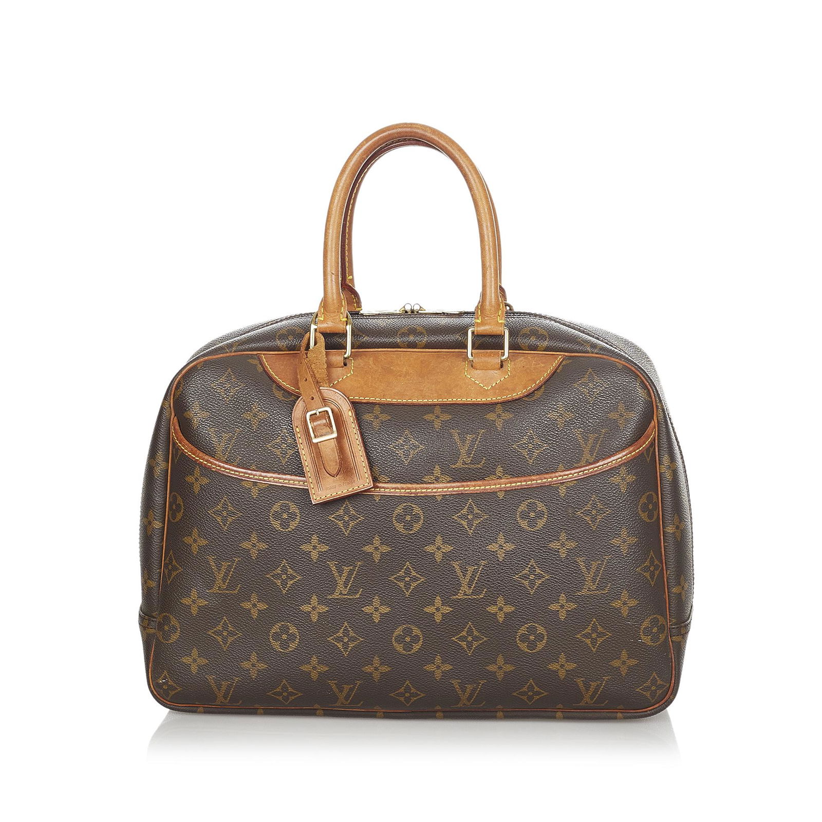 Authentic Louis Vuitton Monogram Deauville: This item qualifies for FREE DOMESTIC SHIPPING to customers in the USA The Deauville features a monogram canvas body rolled leather handles an exterior slip pocket a top zip closure and interior open