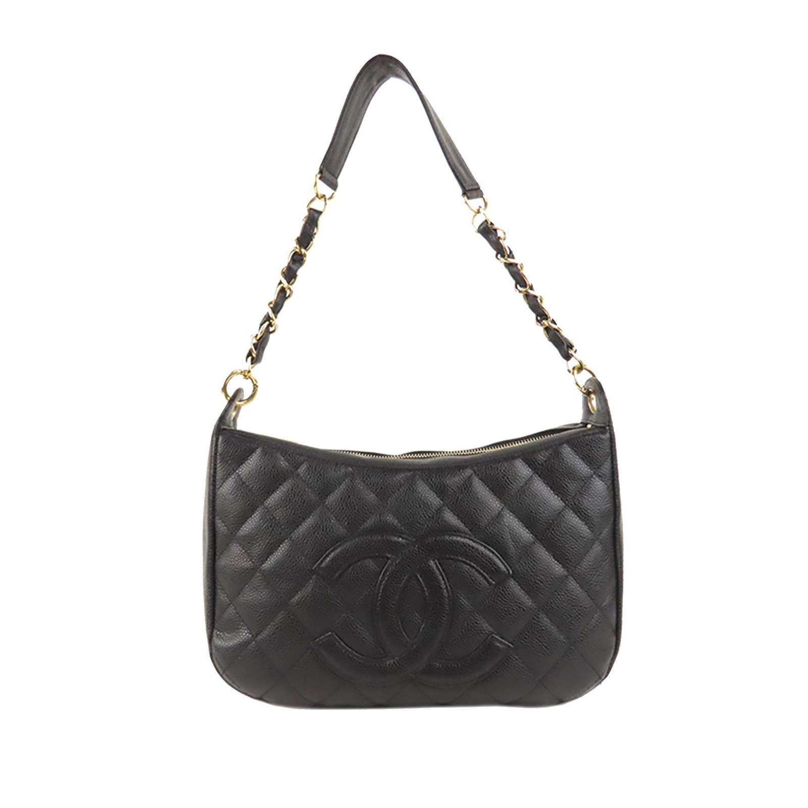 Authentic Chanel Matelasse Caviar Leather Shoulder Bag: This item qualifies for FREE DOMESTIC SHIPPING to customers in the USA This shoulder bag features a quilted caviar leather body an exterior back slip pocket a woven chain strap and a top zip closure. 