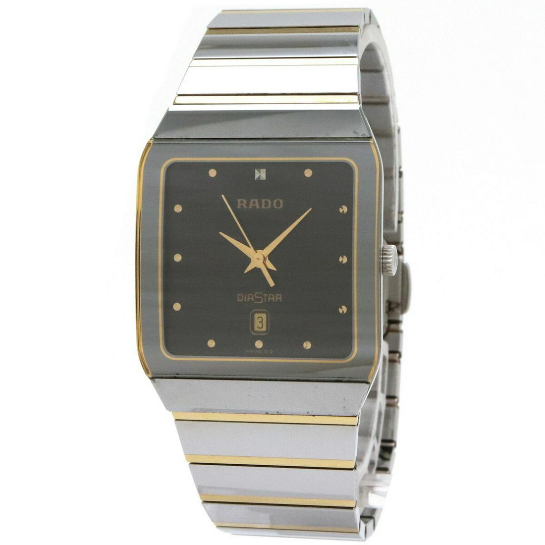 Authentic RADO Diamond Star Black Dial Men's SS QZ: This item qualifies for FREE DOMESTIC SHIPPING to customers in the USA Brand: Rado Line: Diastar Gender: Men Material (Case): Stainless steel Material (Band): Stainless steel Color (Dial): Black Movem
