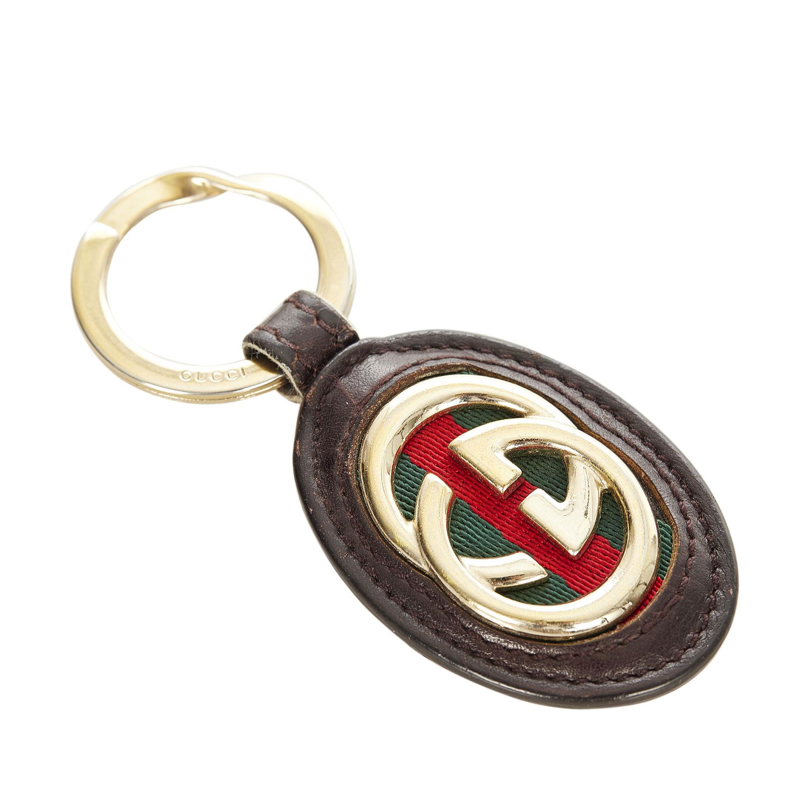 Authentic Gucci Britt Web Leather Key Chain: This item qualifies for FREE DOMESTIC SHIPPING to customers in the USA This key chain features a leather and silver-tone GG charm and a clasp closure. Brand: Gucci Model: Britt Web Leather Key Chain O