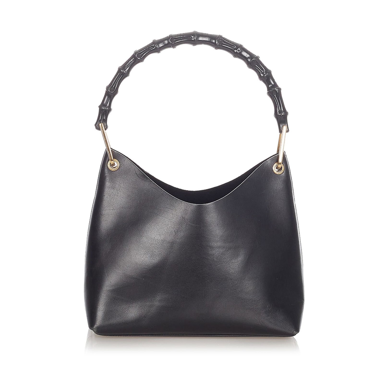 Authentic Gucci Bamboo Leather Shoulder Bag: This item qualifies for FREE DOMESTIC SHIPPING to customers in the USA This shoulder bag features a leather body a bamboo top handle an open top with a magnetic closure and an interior zip compartment