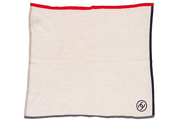 Authentic Chanel Cashmere Pocket Scarf: This item qualifies for FREE DOMESTIC SHIPPING to customers in the USA Condition: Very Good; minor wear Era: Contemporary Dimensions: 21" L x 21" W Materials: cashmere/silk Color: beige/black/red Chan