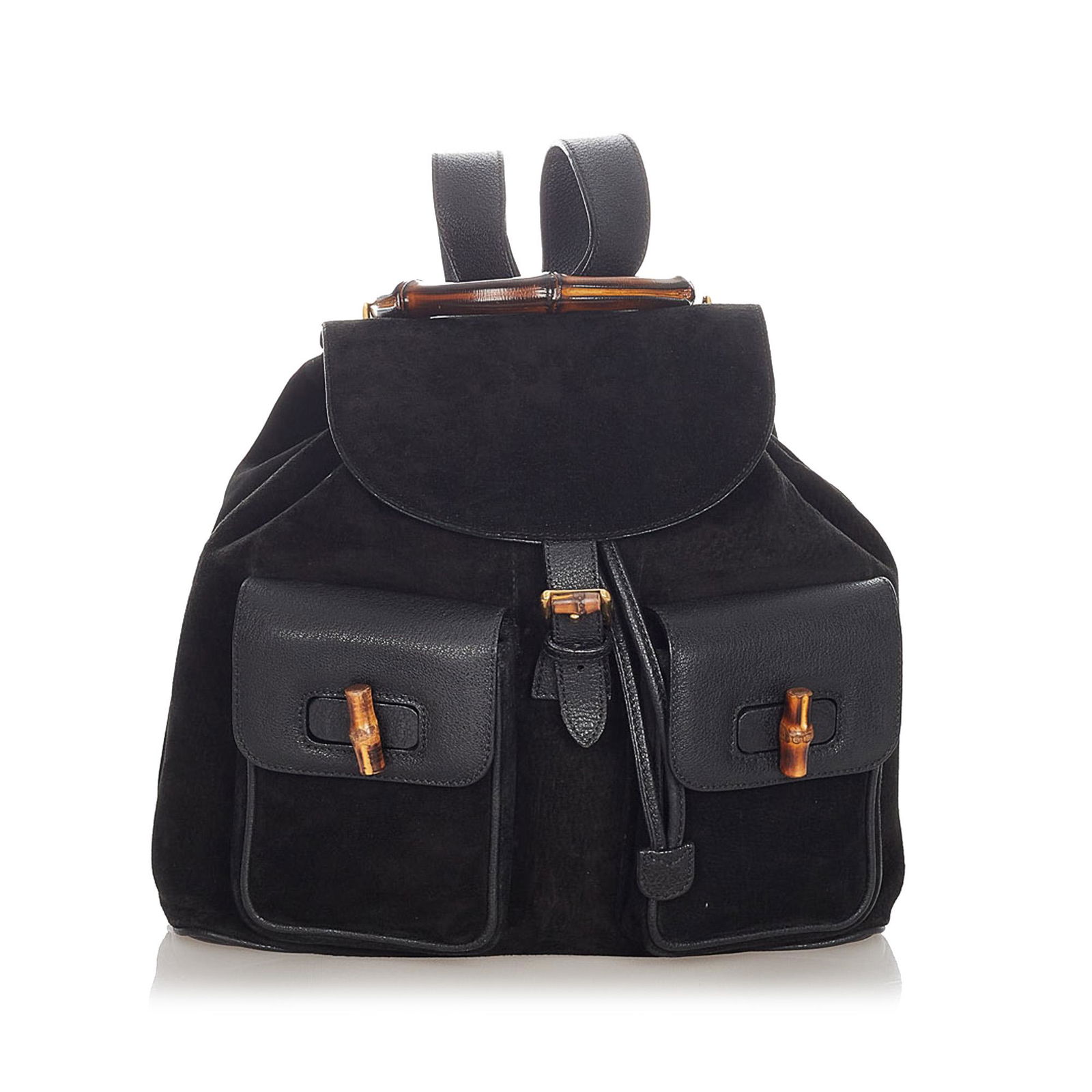 Gucci Bamboo Suede Drawstring Backpack: Gucci Bamboo Suede Drawstring Backpack This backpack features a suede and leather body front exterior flap pockets with a bamboo twist lock closure flat leather back straps a bamboo top handle a top f