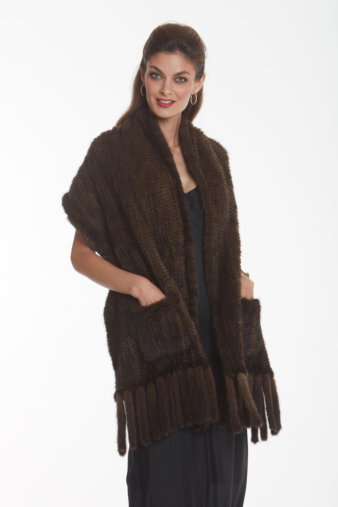 Mahogany Mink Wrap Shawl-Flirty Fringes: Mahogany Mink Wrap Shawl-Flirty Fringes Comments: in stock Add polish and sophistication every day and to your special occasions with this fabulous knitted mink cape! Devastatingly feminine this comfo