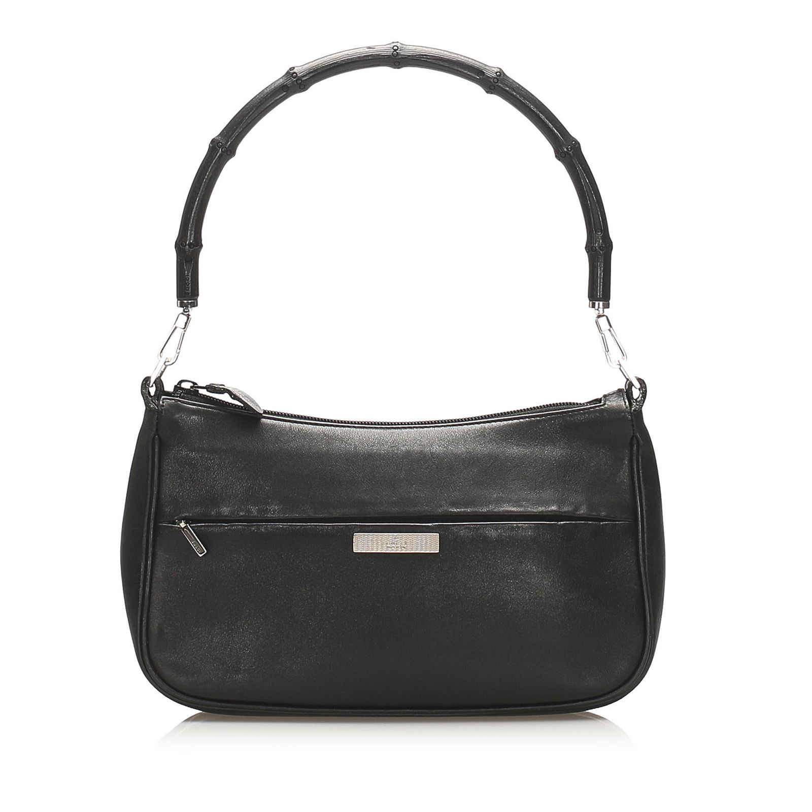 Gucci Bamboo Leather Baguette: Gucci Bamboo Leather Baguette This baguette features a leather body an exterior front zip pocket a bamboo handle and a top zip closure. Brand: Gucci Model: Bamboo Leather Baguette Origin: ITALY Catego
