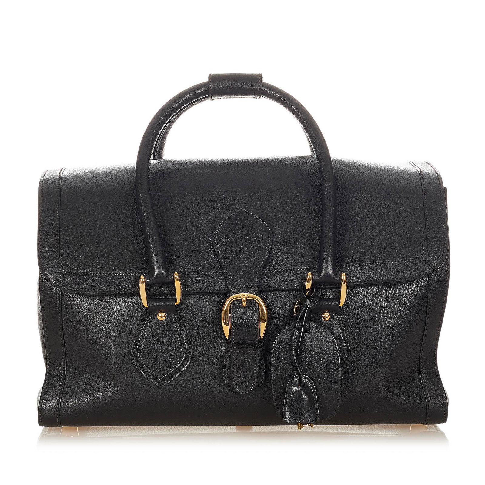 Gucci Leather Handbag: Gucci Leather Handbag This handbag features a leather body rolled handles a front flap with buckle closure and an interior zip pocket. Brand: Gucci Model: Leather Handbag Origin: Italy Category: Bags