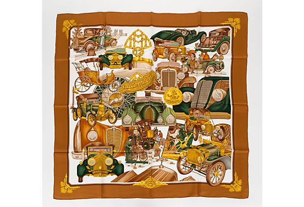 Hermes Brown Voitures Silk Twill Scarf: Hermes Brown Voitures Silk Twill Scarf Condition: Excellent Era: Contemporary; 2000s Dimensions: 35" L x 35" W Materials: silk Color: brown green white Hermes brown voitures silk twill scarf. Hand-rol