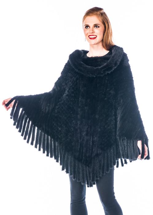 Mink Poncho Cape - Black Knitted Mink Roll Collar: Mink Poncho Cape - Black Knitted Mink Roll Collar Comments: in stock A mink poncho is both practical and pretty! Keep warm in style with this easy to wear knitted mink poncho.Wherever you go your wint