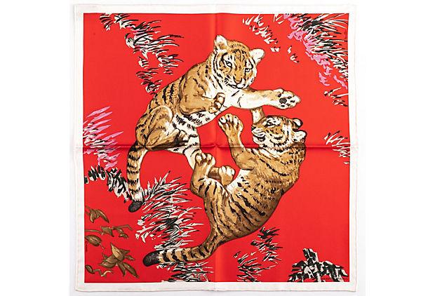 Hermes Red Tiger Cubs Silk Gavroche: Hermes Red Tiger Cubs Silk Gavroche Condition: New Era: Contemporary; 2000s Dimensions: 16.5" L x 16.5" W Materials: silk Color: red white Hermes red and white tiger cubs silk gavroche scarf. Hand-rol