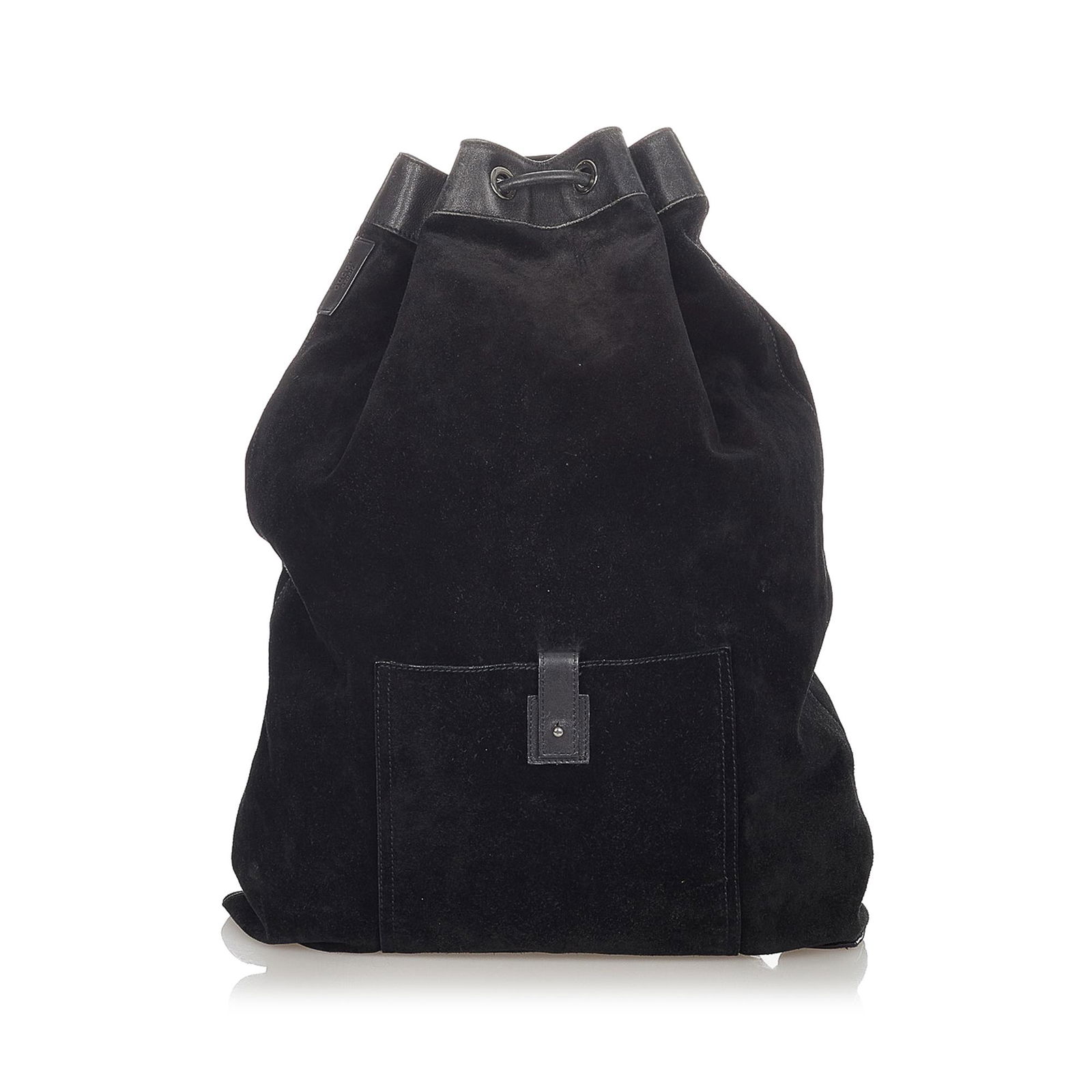 Gucci Suede Drawstring Backpack: Gucci Suede Drawstring Backpack This backpack features a suede body rolled leather backstraps drawstring closure exterior slip pocket with button closure and interior zip pocket. Brand: Gucci Model: S
