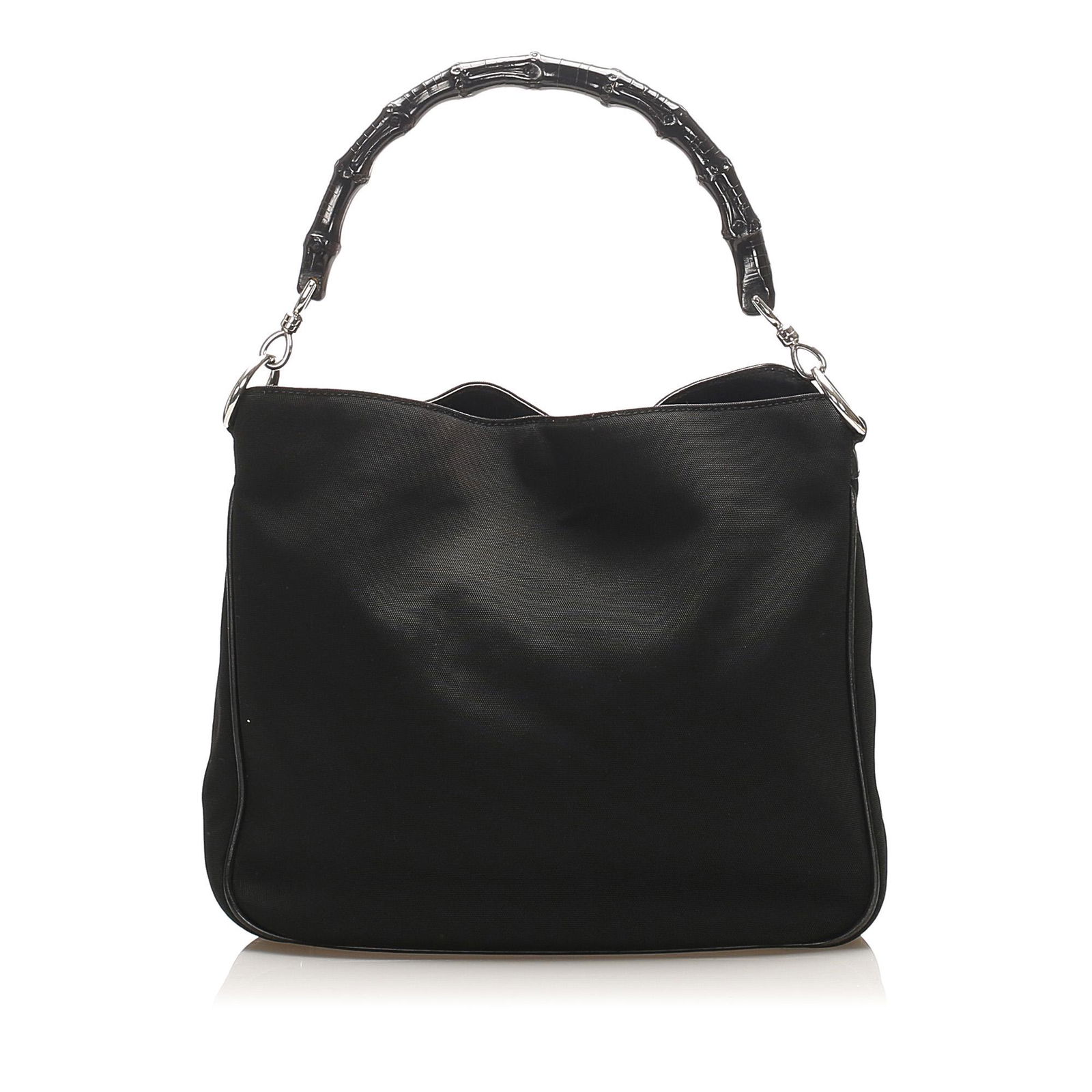 Gucci Bamboo Nylon Satchel: Gucci Bamboo Nylon Satchel This satchel features a nylon body with leather trim a bamboo handle a detachable flat strap an open top with magnetic snap button closure and an interior slip pocket. Brand