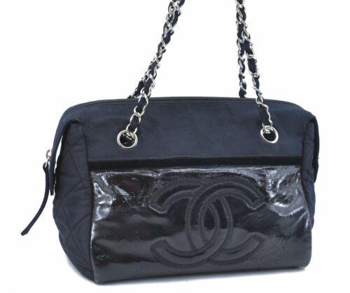 CHANEL Bon Bon Chain Hand Bag Enamel Nylon Black CC: CHANEL Bon Bon Chain Hand Bag Enamel Nylon Black CC Brand: CHANEL Country/Region of Manufacture: Italy Bag Length: 9.1inches (23cm) Bag Height: 7.5inches (19cm) Bag Depth: 5.1inches (13cm) Handle Drop