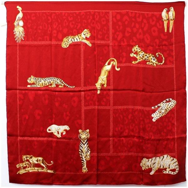 Cartier Silk Scarf Red Panther Pattern Leopard Ladies: Cartier Silk Scarf Red Panther Pattern Leopard LadiesBrand: Cartier Type: Scarf Gender: Men,Women Condition: Opened (never used) Material: Silk, 100% Color: Red color Size (LxW): 86cm x 86cm / 33.85''