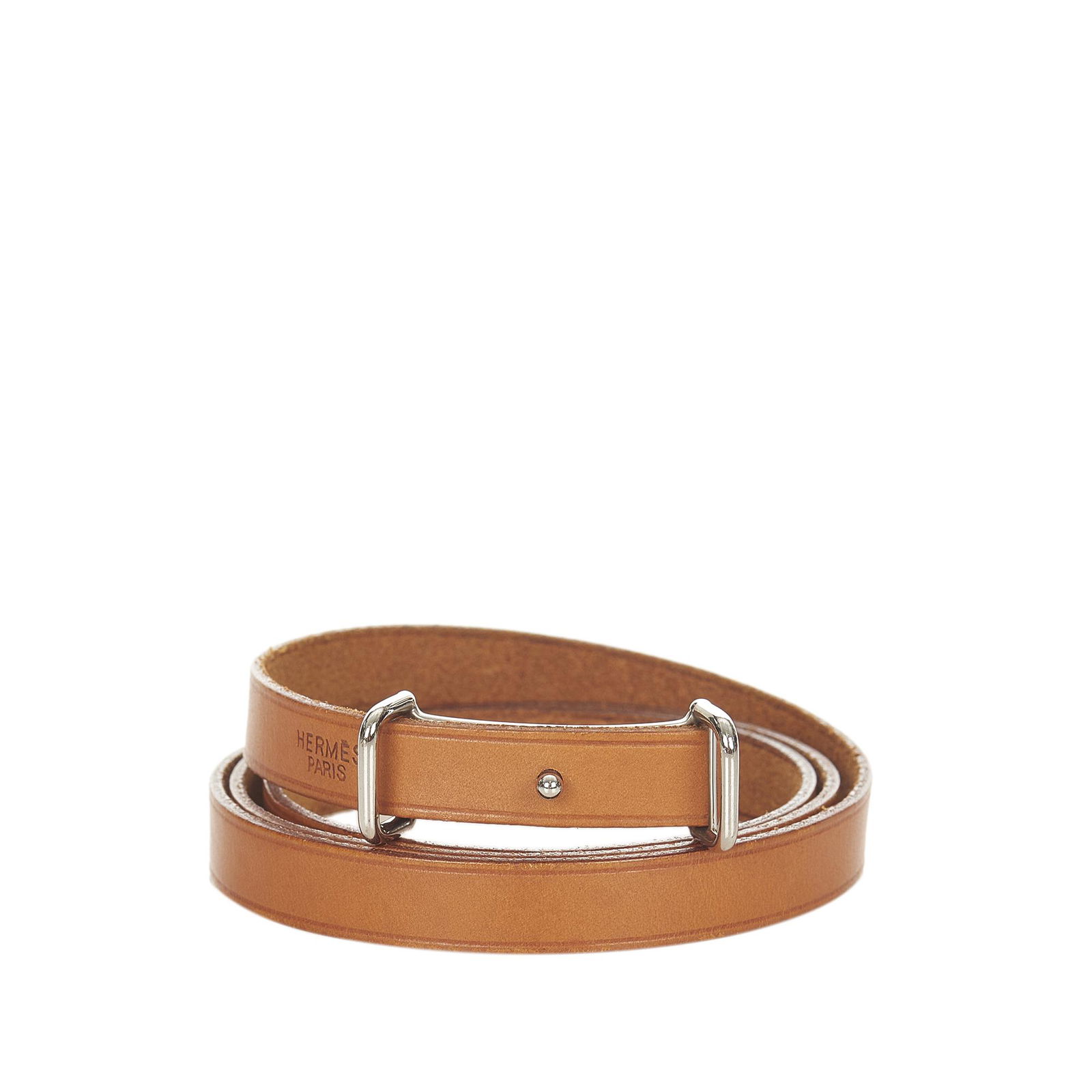 Hermes Leather Bracelet: Hermes Leather Bracelet This bracelet features a leather body and a silver-tone hardware buckle closure. Brand: Hermes Model: Leather Bracelet Origin: France Category: Costume Color: Brown Style: Othe