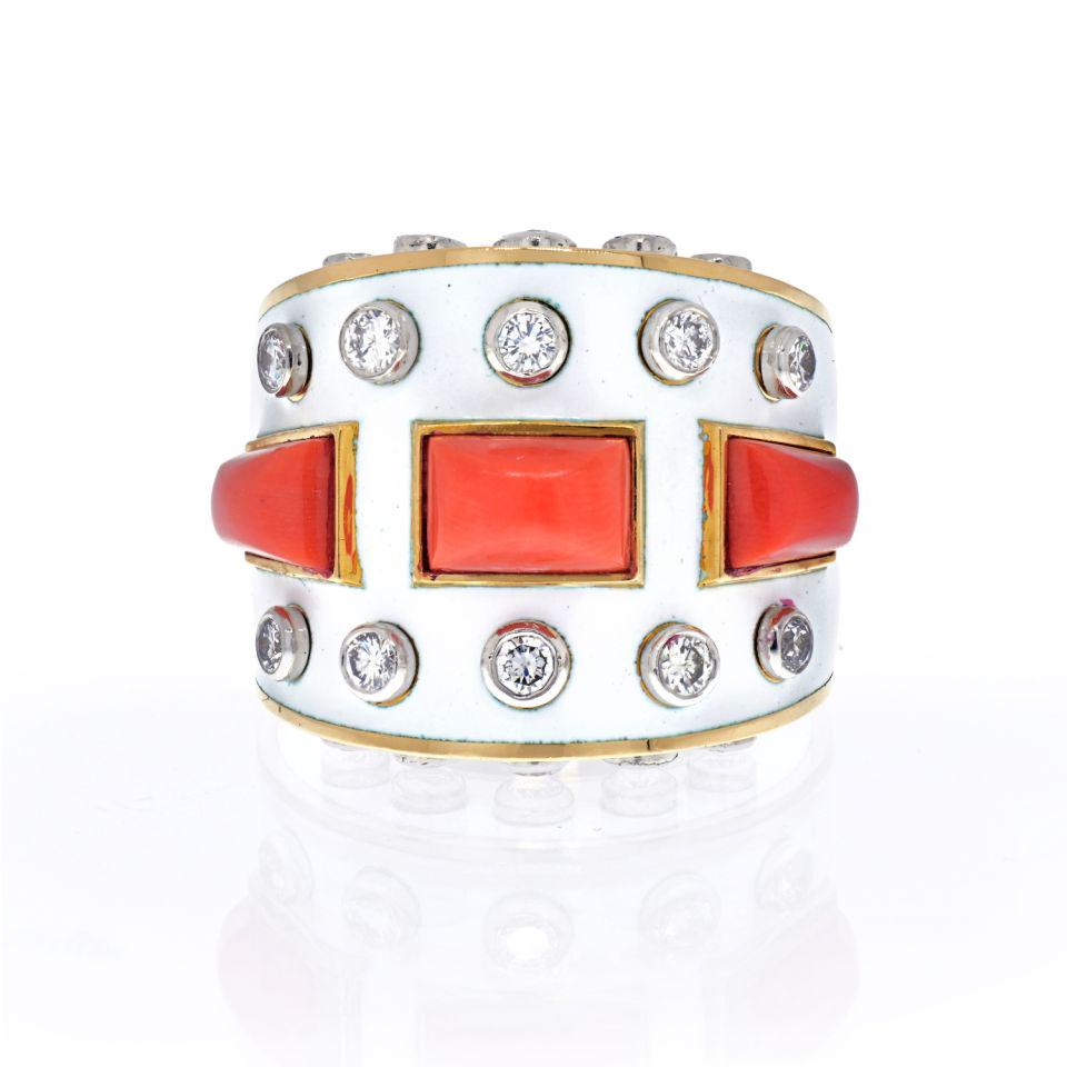 David Webb 18K Yellow Gold Bastille White Enamel: David Webb 18K Yellow Gold Bastille White Enamel Diamond And Coral Ring Type: Estate Rings Metal: 18K Yellow Gold Grams: 35.3 Measurements: Size 7.5 Condition: Excellent. Signed By: WEBB Brand: David