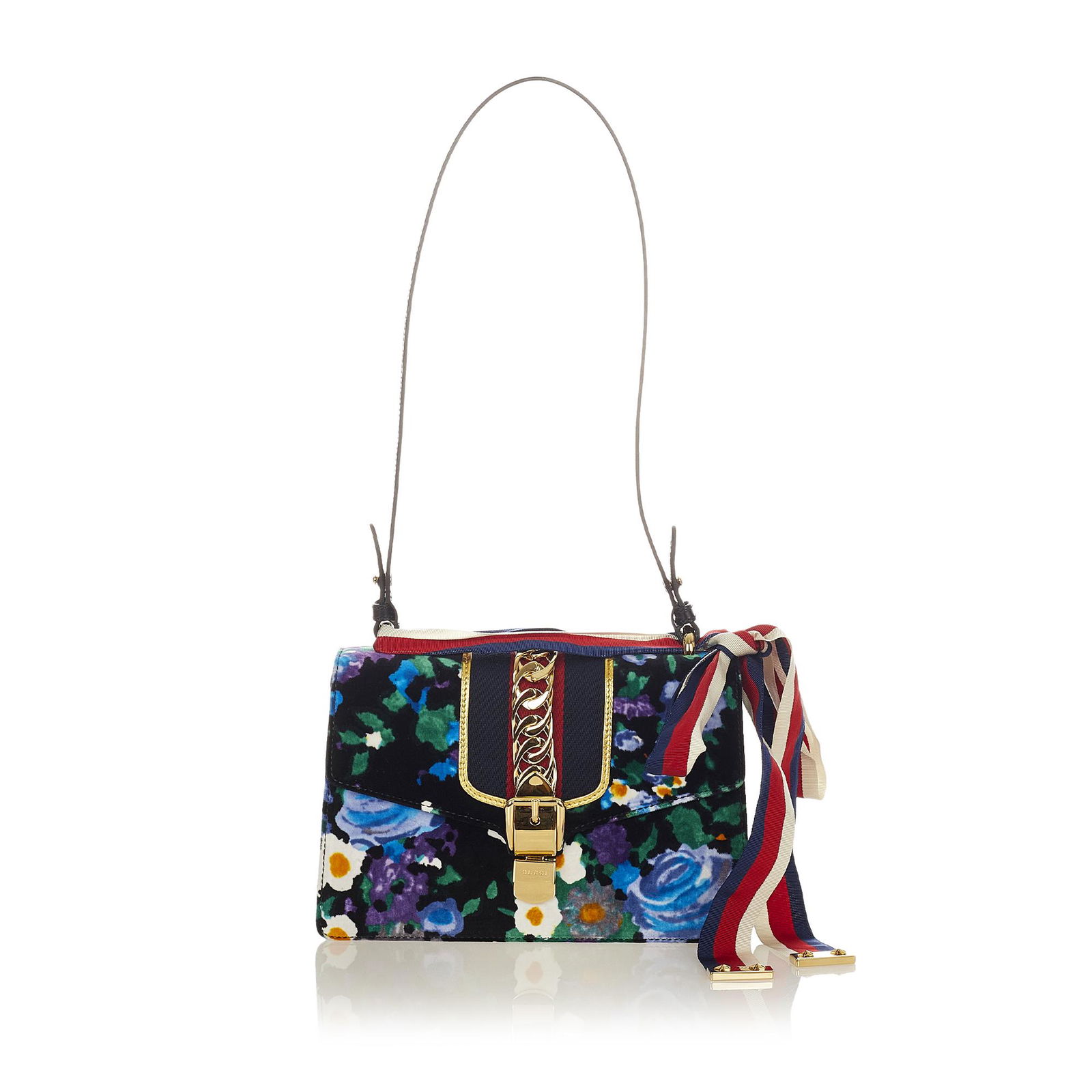 Gucci Embroidered Sylvie Leather Shoulder Bag: Gucci Embroidered Sylvie Leather Shoulder Bag The Sylvie features a suede body floral embroidery a web trim a flat leather straps a front flap with a metal closure and an interior zip and slip pockets