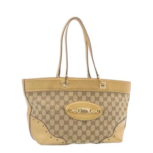 GUCCI GG Canvas Tote Bag Brown Gold: GUCCI GG Canvas Tote Bag Brown Gold Brand: GUCCI Style: Tote Bag Exterior Material: Canvas Exterior Color: Brown\n / Gold Size: See Description Bag Height: 8.7inch(Approx) / 22cm(Approx) Bag Depth: 5.