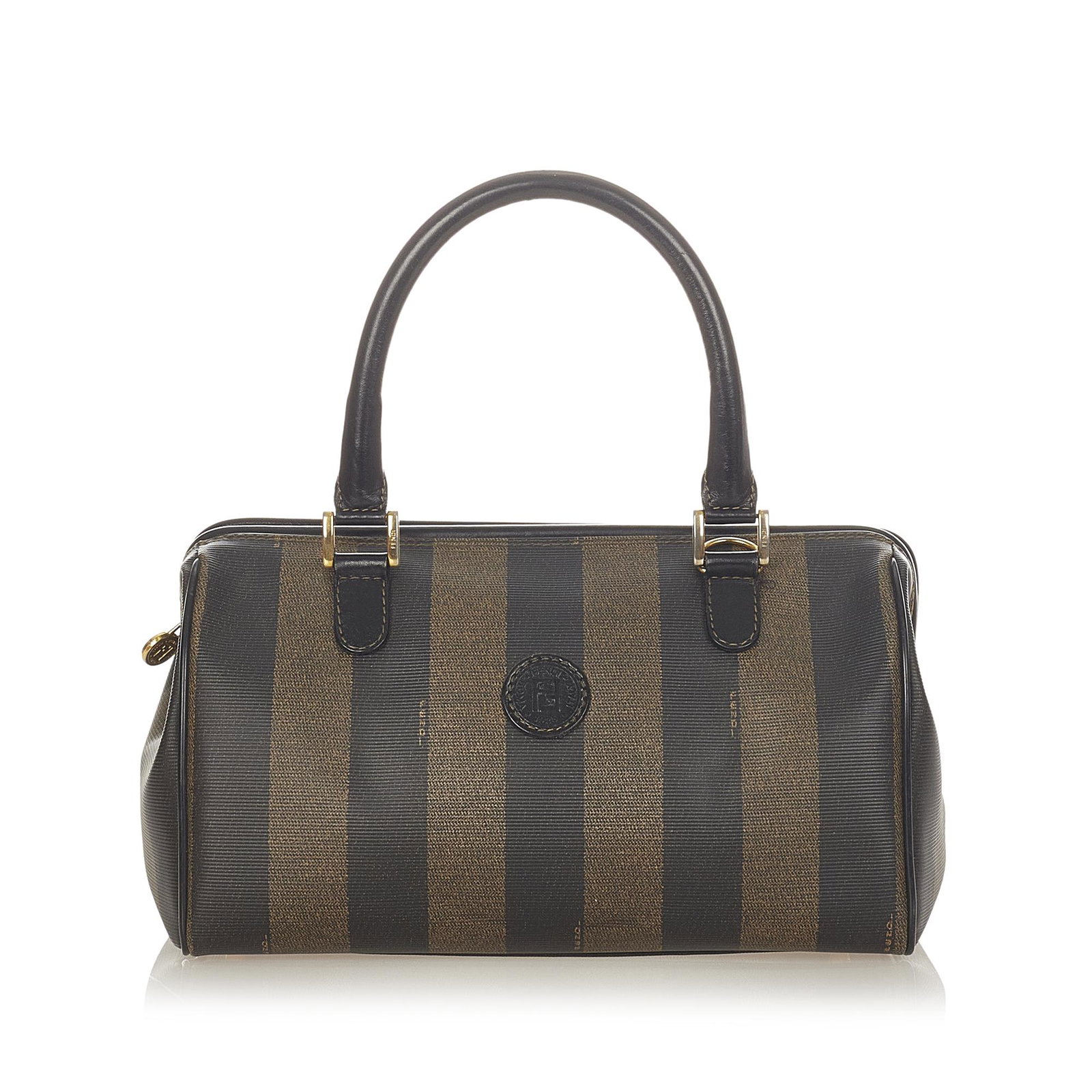 Fendi Pequin Satchel: Fendi Pequin Satchel This boston bag features a striped PVC body rolled leather handles flat strap gold-tone hardware a top zip closure and an interior slip pocket. Brand: Fendi Model: Pequin Satchel 