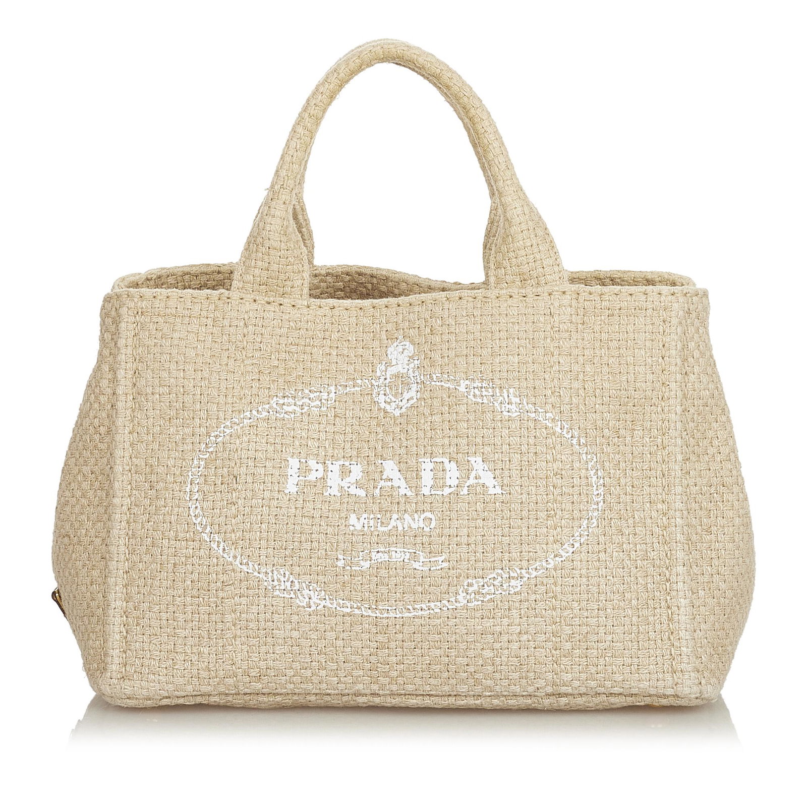 Prada Logo Linen Satchel: Prada Logo Linen Satchel This satchel features a linen body flat top handles a detachable flat strap an open top and interior zip and slip pockets. Brand: Prada Model: Logo Linen Satchel Origin: Italy