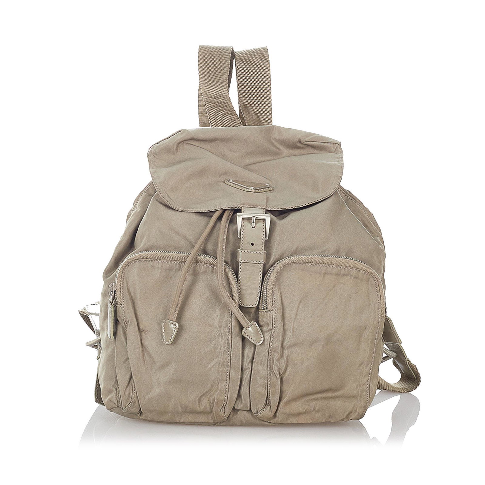 Prada Tessuto Drawstring Backpack: Prada Tessuto Drawstring Backpack This backpack features a nylon body with leather trim exterior front zip pockets flat back straps a flat top handle a front flap with buckle closure a drawstring clos