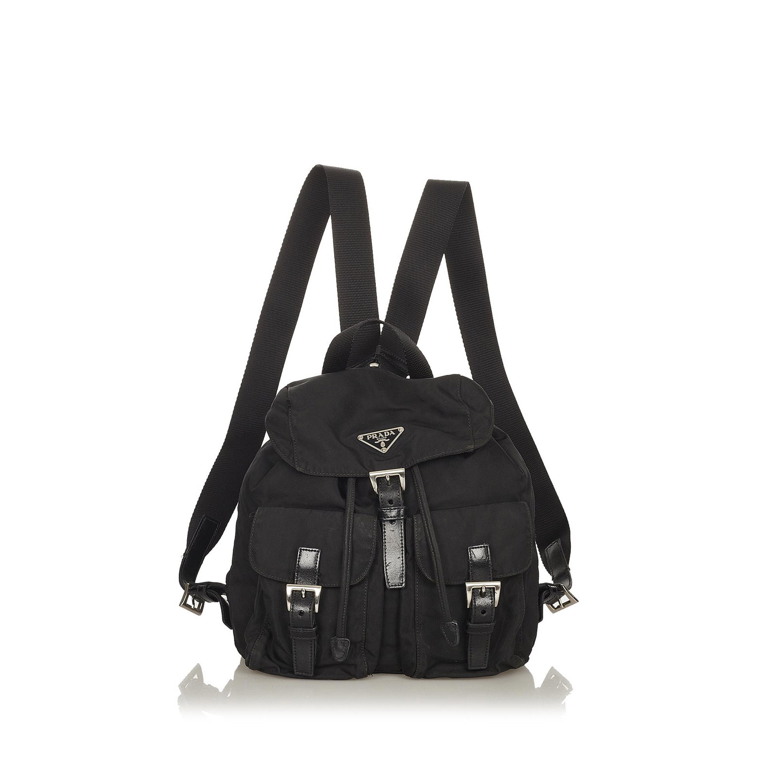 Prada Tessuto Drawstring Backpack: Prada Tessuto Drawstring Backpack This backpack features a nylon body with leather trim exterior front flap pockets with leather buckle closure flat back straps a flat top handle a top flap with a dra