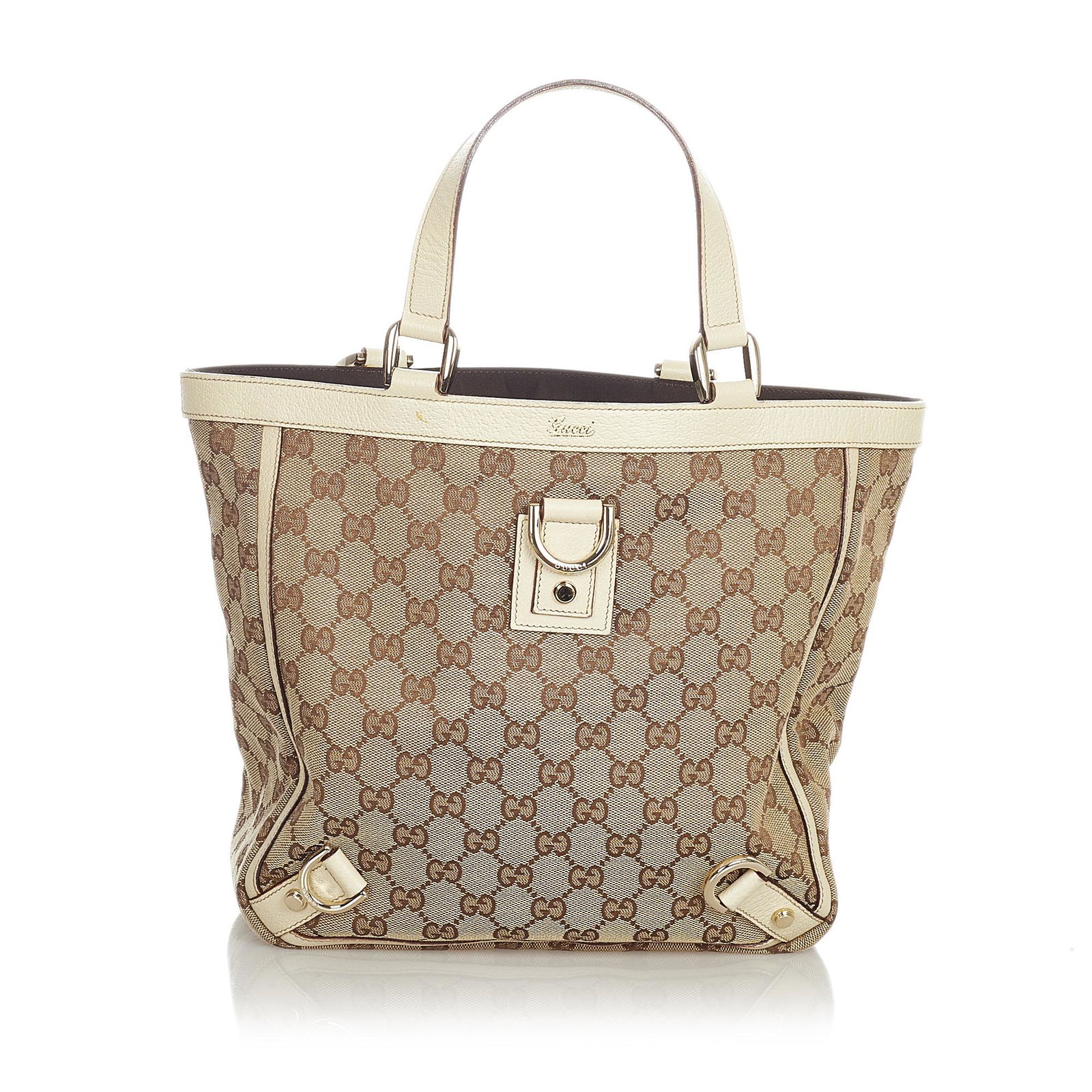 Gucci GG Canvas Abbey D-Ring Tote Bag: Gucci GG Canvas Abbey D-Ring Tote Bag The Abbey D-Ring tote bag features a canvas body with leather trim flat leather handles an open top with a magnetic closure and interior zip and slip pockets. Bra