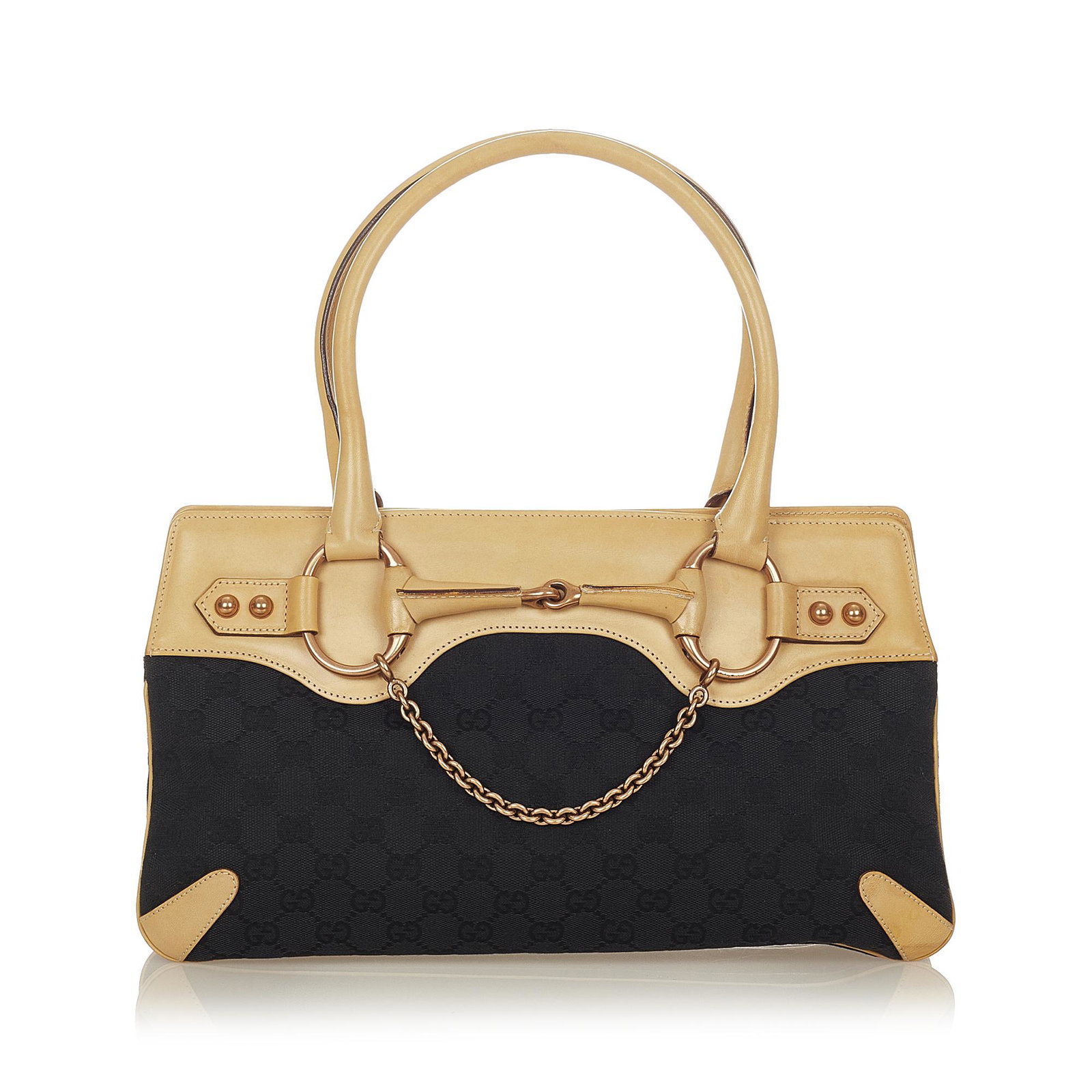 Gucci GG Canvas Horsebit Chain Shoulder Bag: Gucci GG Canvas Horsebit Chain Shoulder Bag This shoulder bag features a canvas body with leather trim rolled leather handles with chain and horsebit details an open top with a magnetic closure and an