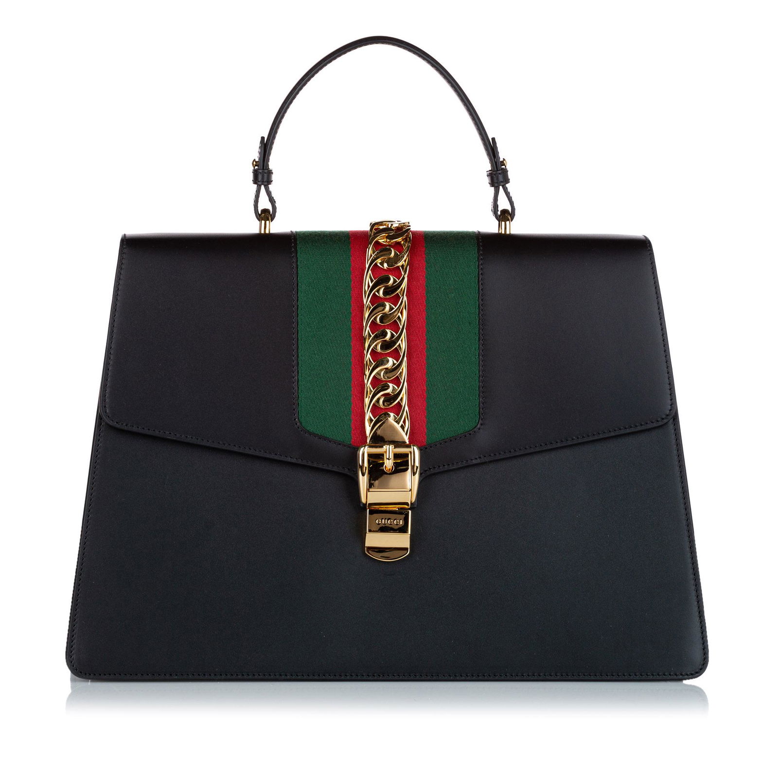 Gucci Maxi Sylvie Leather Satchel: Gucci Maxi Sylvie Leather Satchel The Sylvie satchel features a leather body a web trim a flat top handle a detachable flat leather strap a front flap with buckle accented flip-lock closure and interi