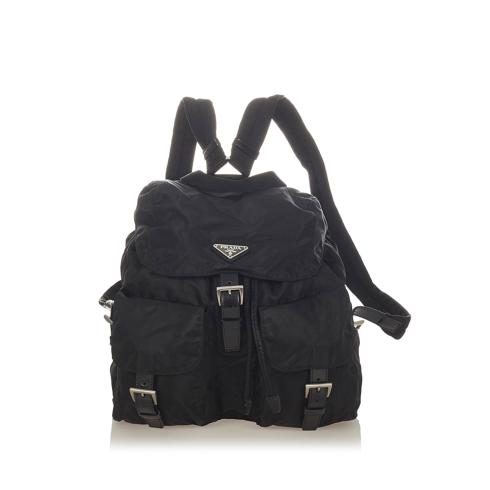 Prada Tessuto Drawstring Backpack: Prada Tessuto Drawstring Backpack This backpack features a nylon body with leather trim exterior front flap pockets with leather buckle closure flat back straps a flat top handle a top flap with a dra