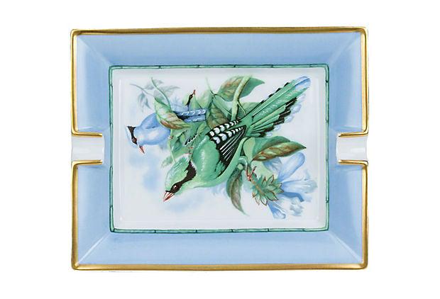 Hermes Celeste Bird Porcelain Ashtray: Hermes Celeste Bird Porcelain Ashtray Condition: Excellent Era: Contemporary; 1990s Dimensions: 8" L x 6" W x 1" H Materials: porcelain suede Color: celeste green white Hermes celeste gold green and w