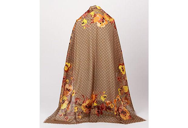 Gucci brand new shawl monogram yellow: Gucci brand new shawl monogram yellow Condition: New Era: Contemporary; 2000s Dimensions: 52" L x 52" W Materials: wool Color: brown yellow orange gucci brand new with tag monogram yellow flower shawl