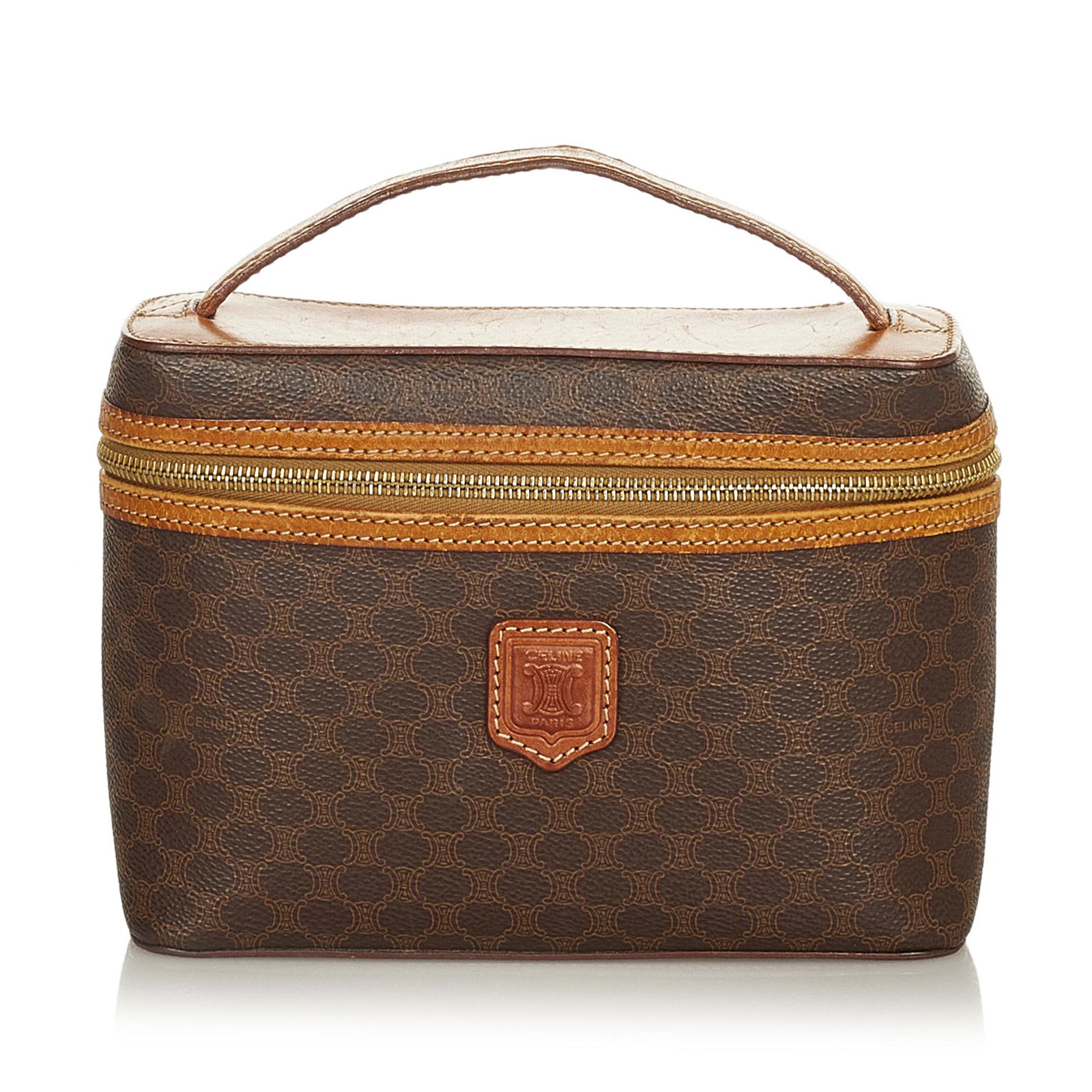 Celine Macadam Vanity Bag: Celine Macadam Vanity Bag This vanity bag features a PVC body with leather trim a flat top handle and a top zip around closure. Brand: Celine Model: Macadam Vanity Bag Origin: France Category: Bags Co