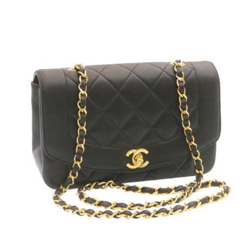 CHANEL Diana Matelasse Chain Flap Shoulder Bag Lamb: CHANEL Diana Matelasse Chain Flap Shoulder Bag Lamb Skin Black Gold Brand: CHANEL Style: Shoulder Bag Exterior Material: Leather Exterior Color: Black\n / Gold Size: See Description Bag Height: 5.5inc