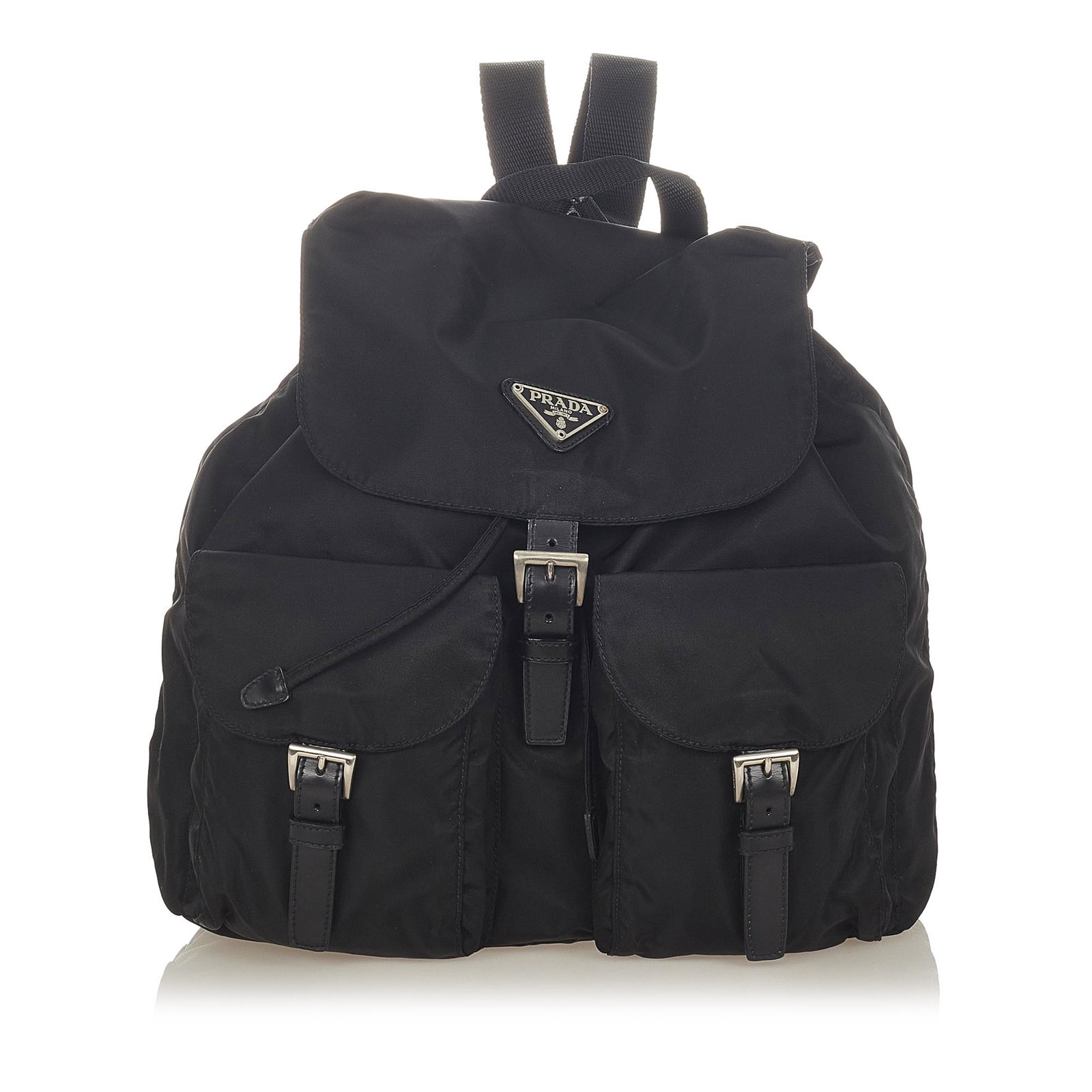 Prada Tessuto Drawstring Backpack: Prada Tessuto Drawstring Backpack This backpack features a nylon body with leather trim exterior front flap pockets with leather buckle closure flat back straps a flat top handle a top flap with a dra