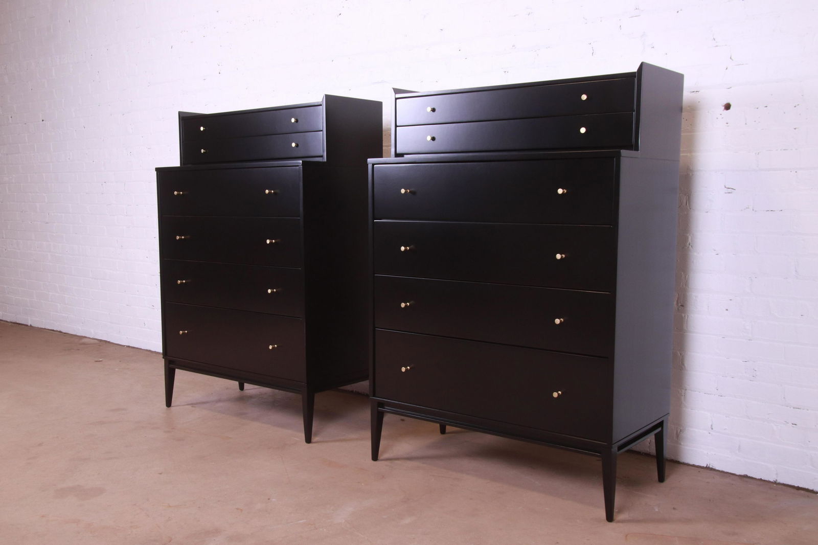 Paul McCobb Planner Group Black Lacquered Highboy: Paul McCobb Planner Group Black Lacquered Highboy Dressers Pair A gorgeous pair of mid-century modern six-drawer gentleman's chests or highboy dressers By Paul McCobb for Winchendon Furniture "Planner