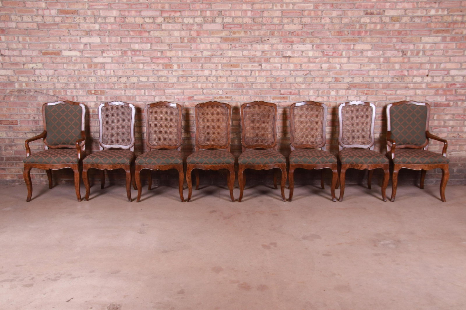 Baker Furniture French Provincial Louis XV Oak and Cane: Baker Furniture French Provincial Louis XV Oak and Cane Dining Chairs Set of Eight A gorgeous set of eight French Provincial Louis XV style dining chairs By Baker Furniture USA Circa 1980s Carved oak 