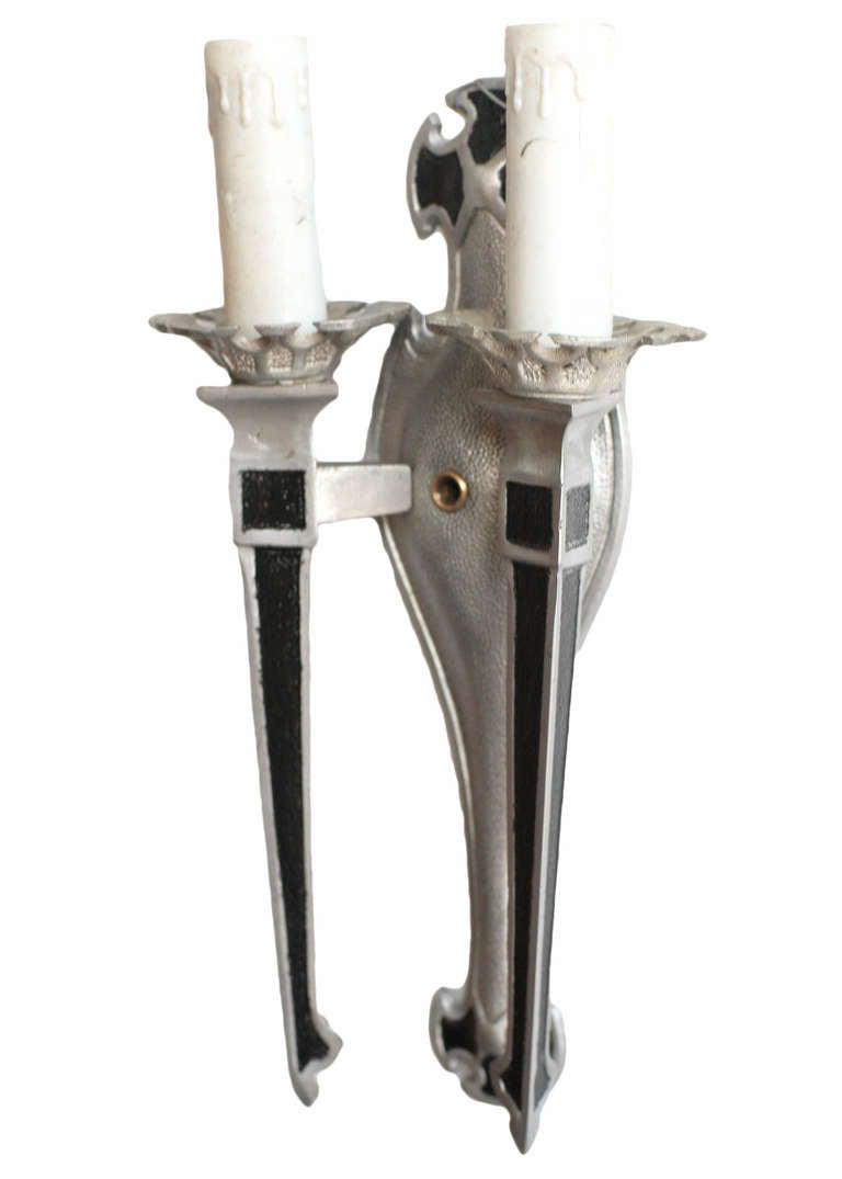 Geometric Art Deco Aluminum Lighted Wall Sconces Set: Geometric Art Deco Aluminum Lighted Wall Sconces Set of 4 Dimensions: Height: 13 in. (33.02 cm) Dimensions: Width: 8 in. (20.32 cm) Dimensions: Depth: 4 in. (10.16 cm) Style: Art Deco (Of the Period)