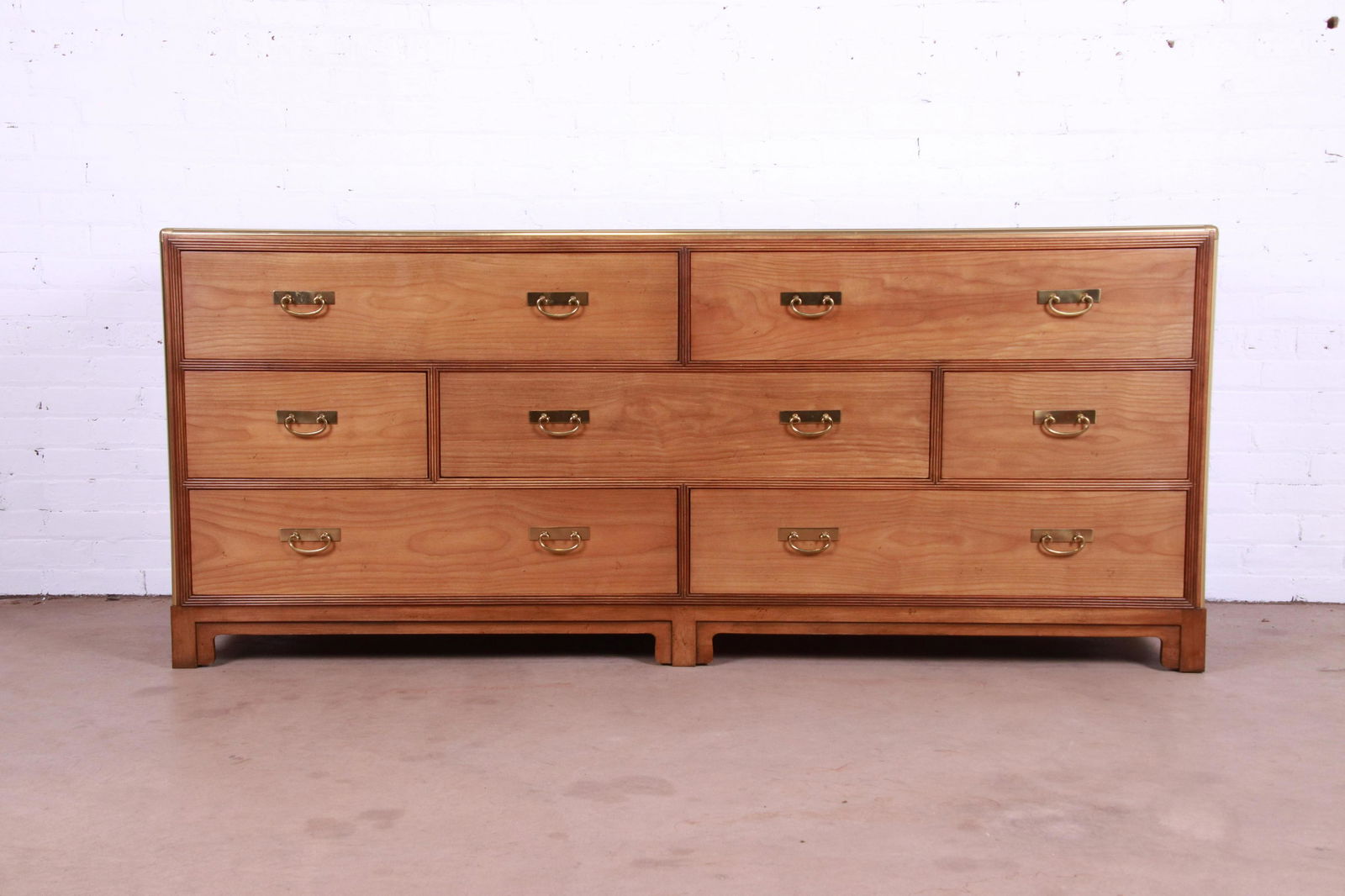 Michael Taylor for Baker Furniture Hollywood Regency: Michael Taylor for Baker Furniture Hollywood Regency Cherry Wood and Brass Dresser or Credenza A gorgeous mid-century modern Hollywood Regency Chinoiserie seven-drawer long dresser or credenza By Mich
